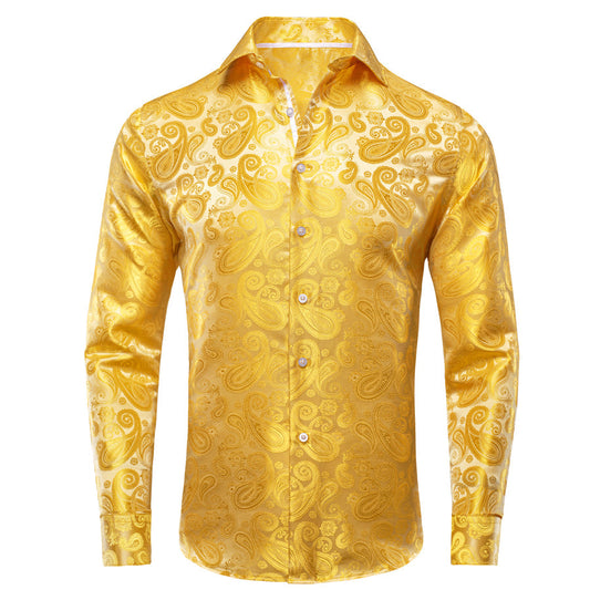 Yellow Golden Paisley Silk Dress Shirt shirt S   - Sophisticated Gentlemen