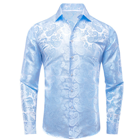 Sky Blue Paisley Silk Dress Shirt shirt S   - Sophisticated Gentlemen
