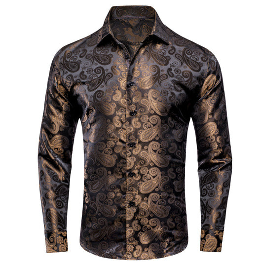 Classic Black Brown Paisley Silk Dress Shirt shirt S   - Sophisticated Gentlemen