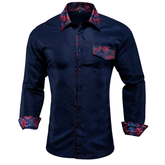 Deep Blue Red Stitching Silk Dress Shirt shirt S   - Sophisticated Gentlemen