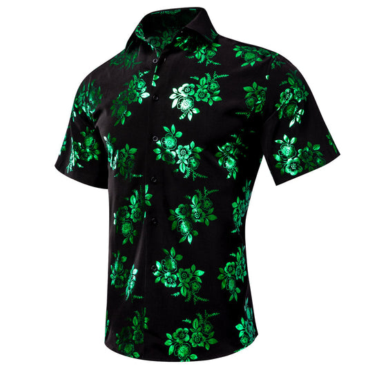 Black With Green Floral Silk Dress Shirt shirt S   - Sophisticated Gentlemen