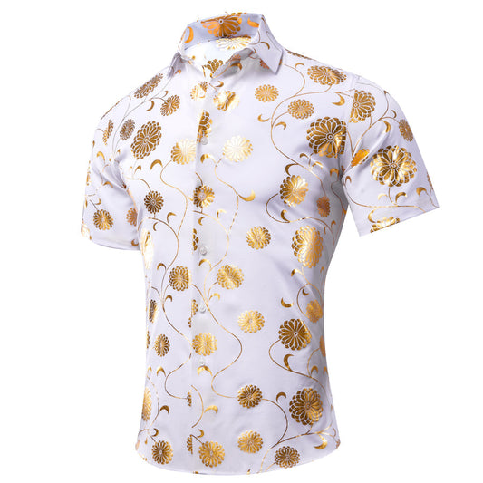 White Golden Floral Silk Dress Shirt shirt S   - Sophisticated Gentlemen