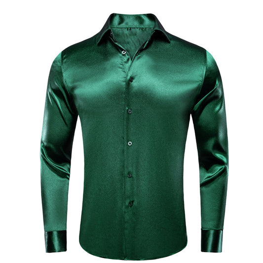 Shiny Dark Green Solid Silk Dress Shirt shirt S   - Sophisticated Gentlemen