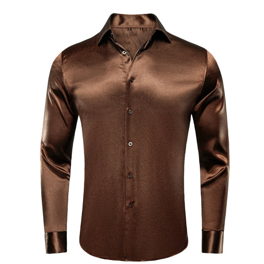 Chocolate Brown Solid Silk Dress Shirt shirt S   - Sophisticated Gentlemen