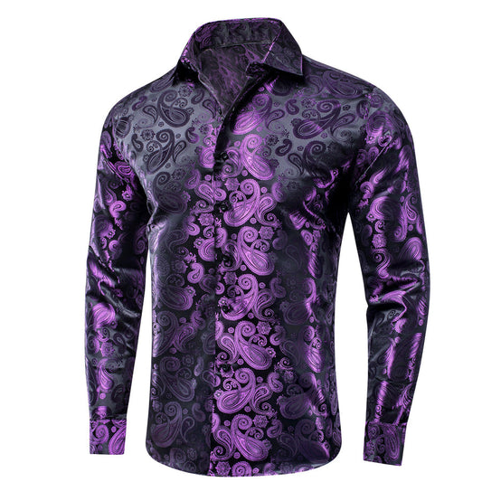 Luxury Purple Paisley Pattern Silk Dress Shirt shirt S   - Sophisticated Gentlemen