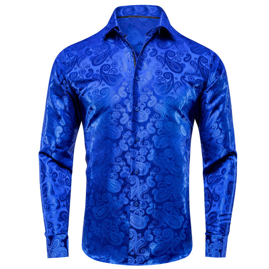 Royal Blue Paisley Silk Dress Shirt shirt S   - Sophisticated Gentlemen