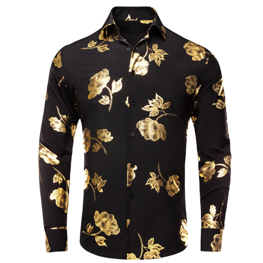 Black Golden Floral Silk Dress Shirt shirt S   - Sophisticated Gentlemen