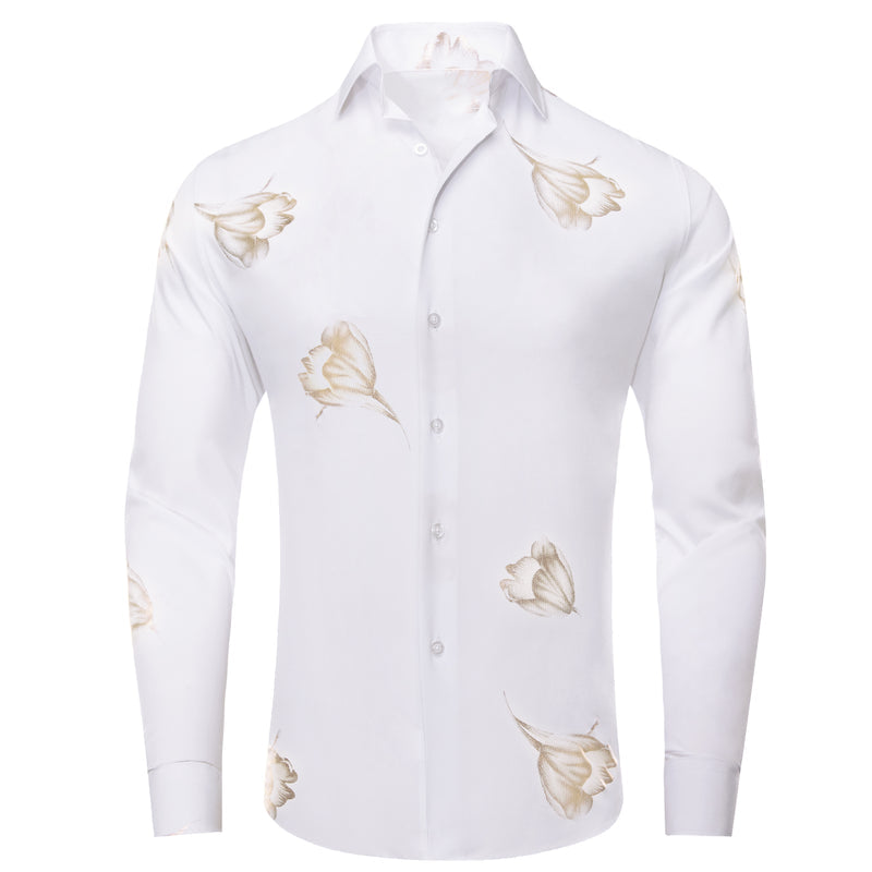 White Golden Floral Pattern Silk Dress Shirt shirt S - Sophisticated Gentlemen