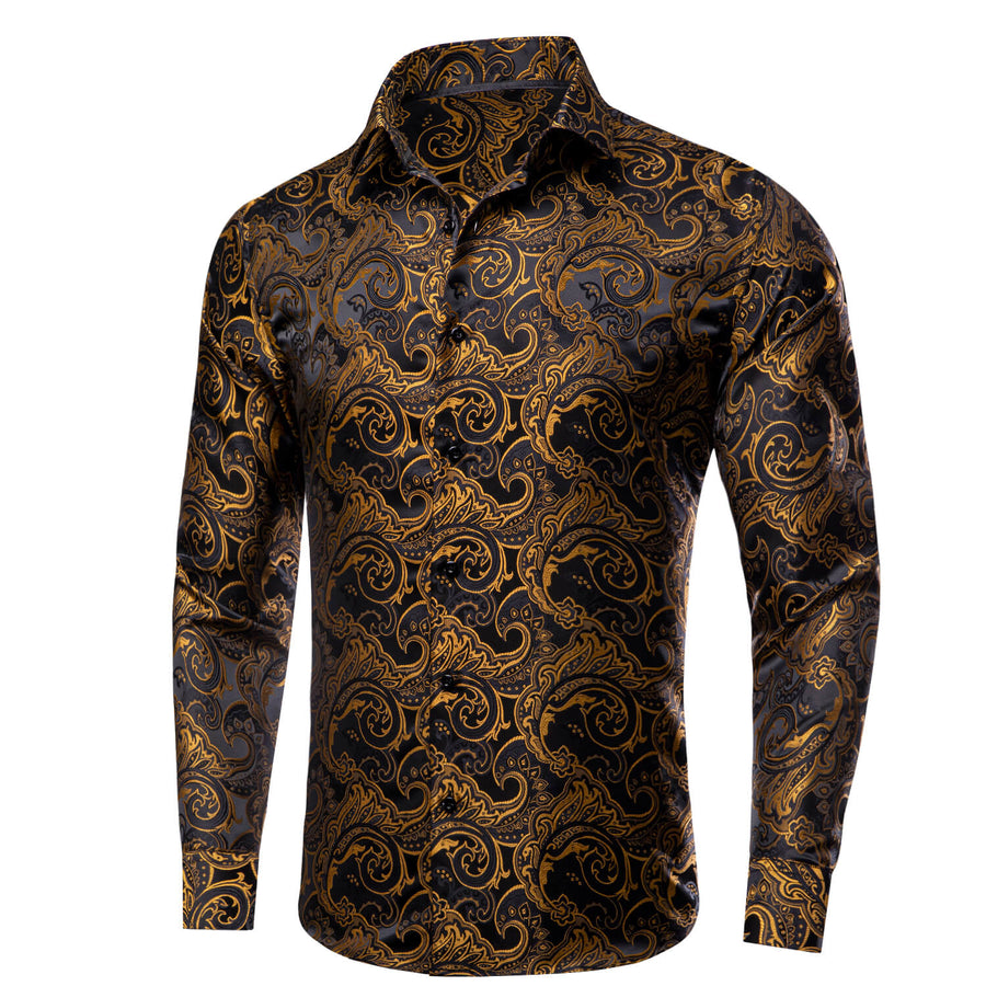 Black Golden Woven Floral Men's Silk Dress Shirt shirt - Sophisticated Gentlemen