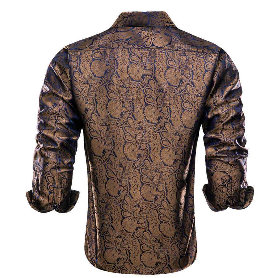 Peanut Brown Blue Jacquard Floral Silk Dress Shirt shirt - Sophisticated Gentlemen