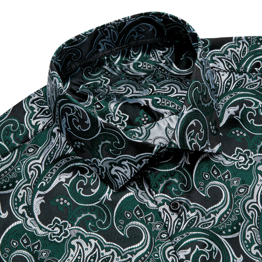 Sapphire Pine Green Silver Jacquard Floral Silk Dress Shirt shirt - Sophisticated Gentlemen