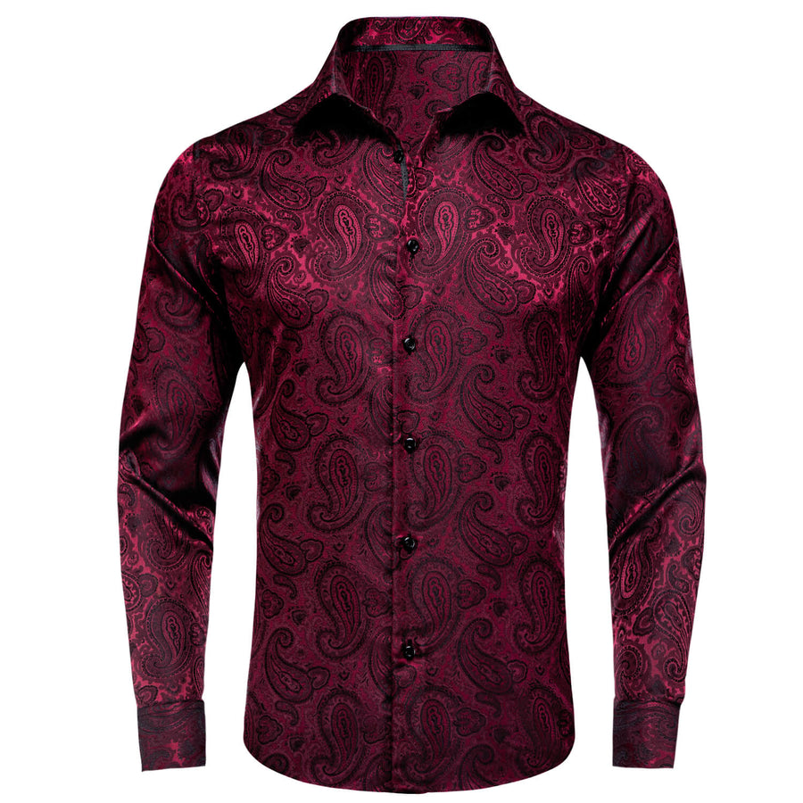 Dark Red Jacquard Paisley Silk Dress Shirt shirt S - Sophisticated Gentlemen