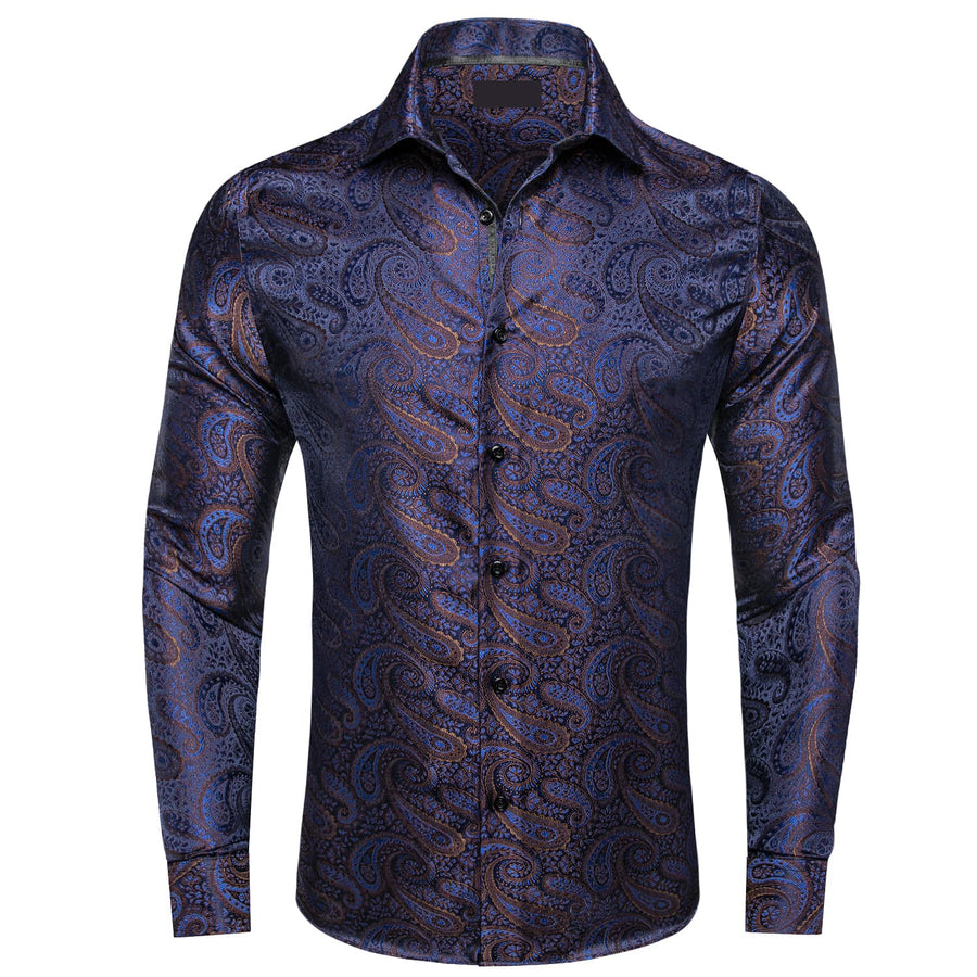Navy Blue Brown Silk Dress Shirt shirt S - Sophisticated Gentlemen