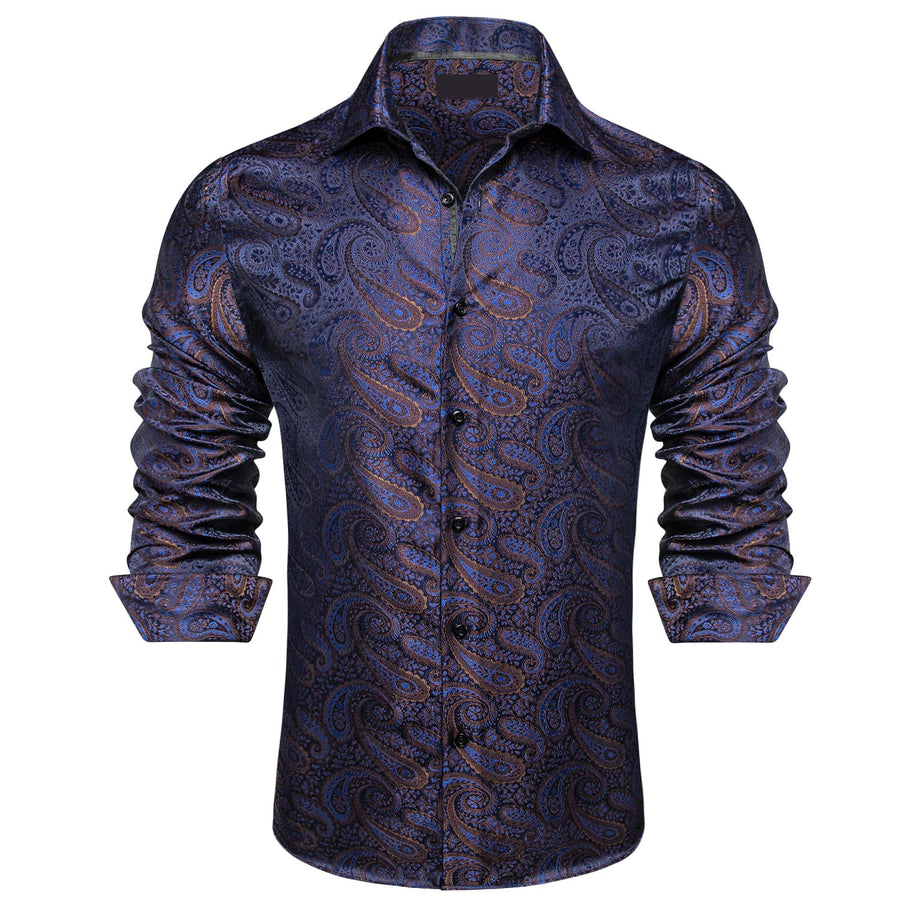 Navy Blue Brown Silk Dress Shirt shirt - Sophisticated Gentlemen