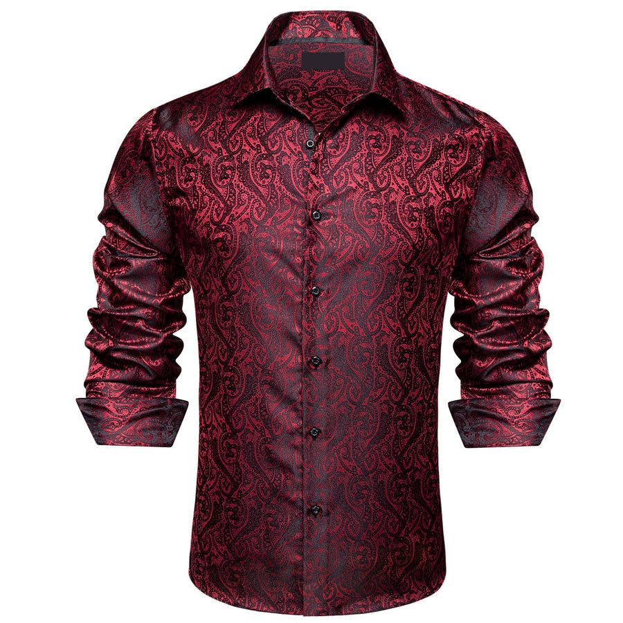 Black Red Jacquard Floral Silk Dress Shirt shirt - Sophisticated Gentlemen