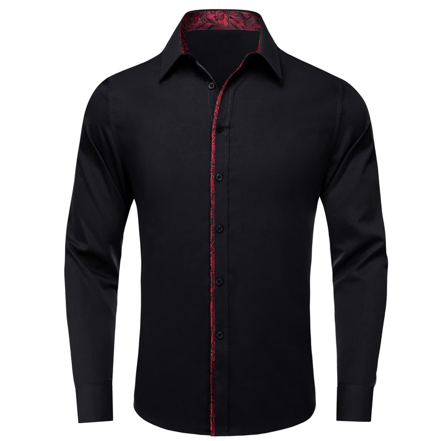 Black Solid Red Splicing Men's Silk Dress Shirt shirt S - Sophisticated Gentlemen