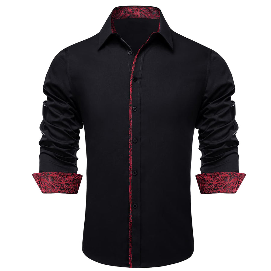 Black Solid Red Splicing Men's Silk Dress Shirt shirt - Sophisticated Gentlemen