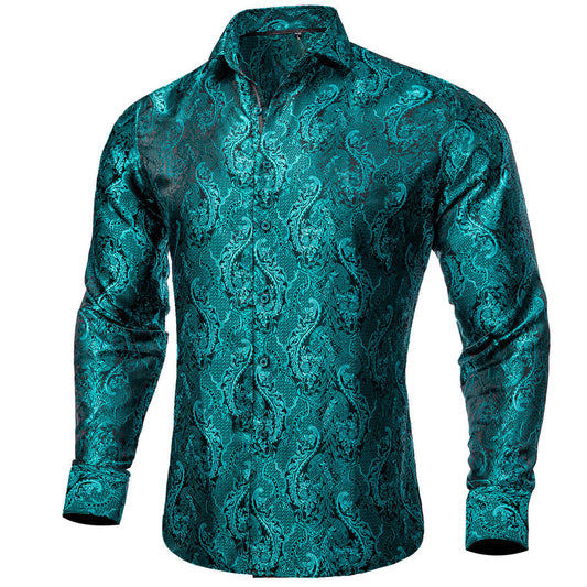 Dark Cyan Floral Silk Dress Shirt shirt S   - Sophisticated Gentlemen