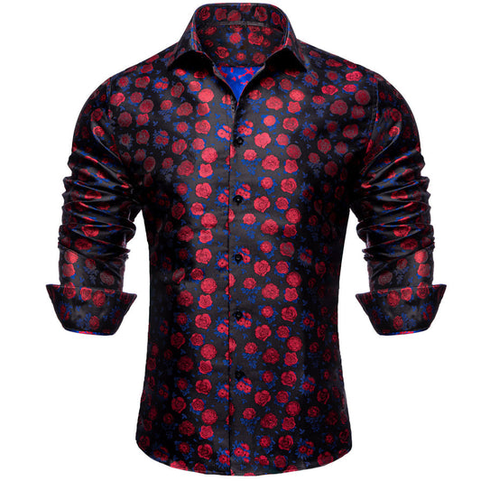 Black Red Rose Floral Silk Dress Shirt shirt    - Sophisticated Gentlemen