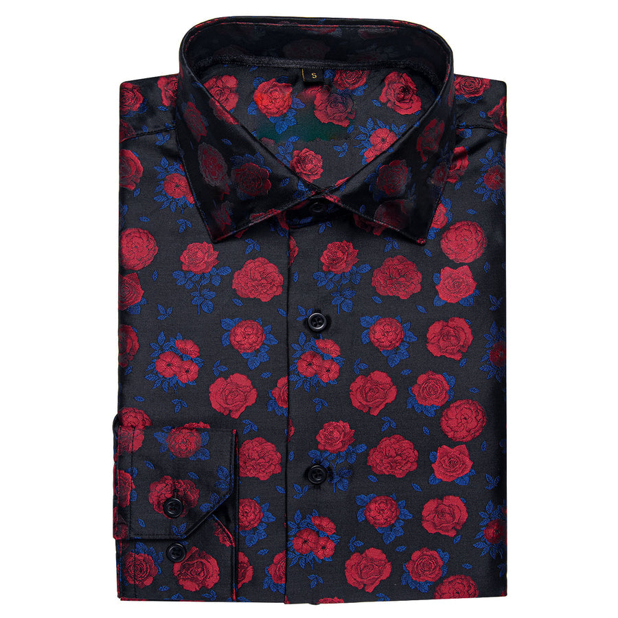 Black Red Rose Floral Silk Dress Shirt shirt - Sophisticated Gentlemen