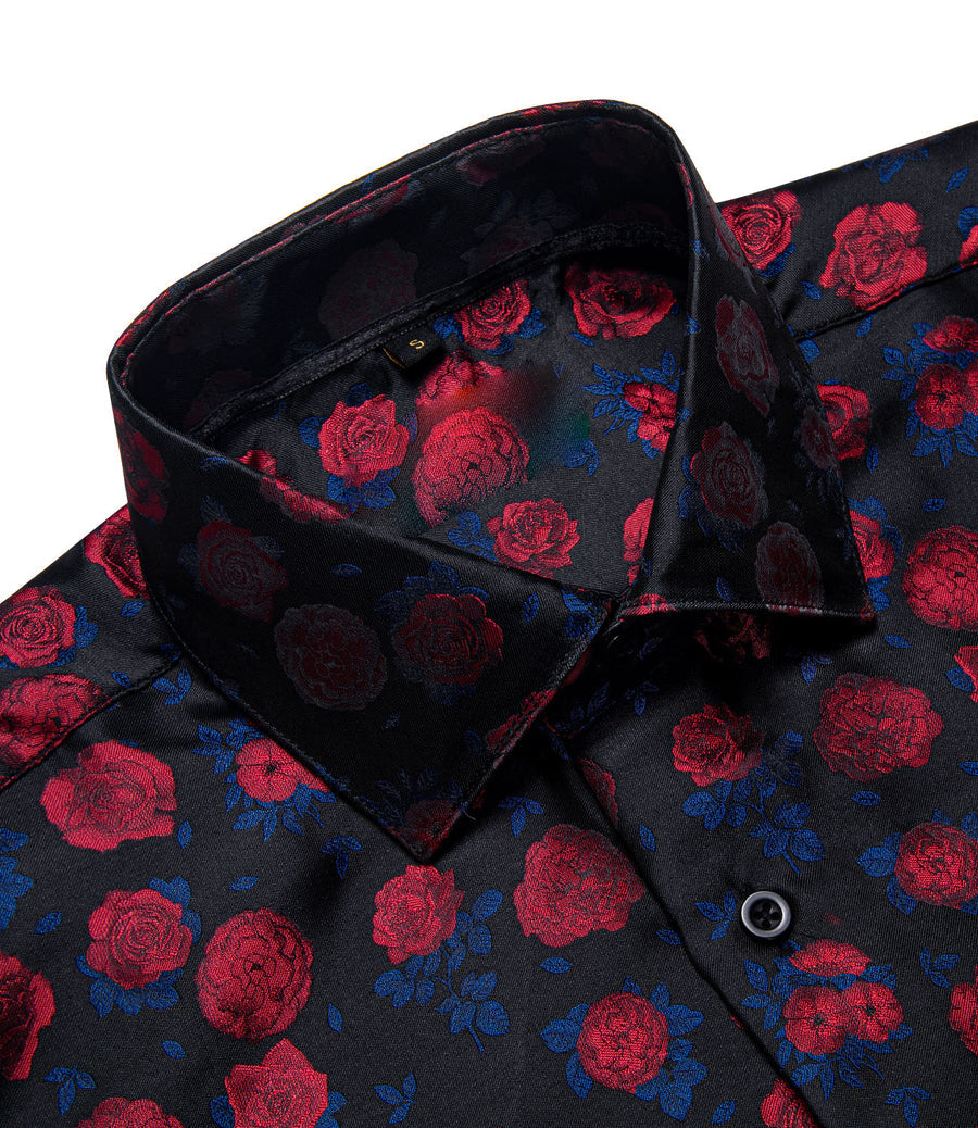 Black Red Rose Floral Silk Dress Shirt shirt - Sophisticated Gentlemen