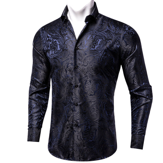 Dark Blue Paisley Silk Dress Shirt shirt S   - Sophisticated Gentlemen