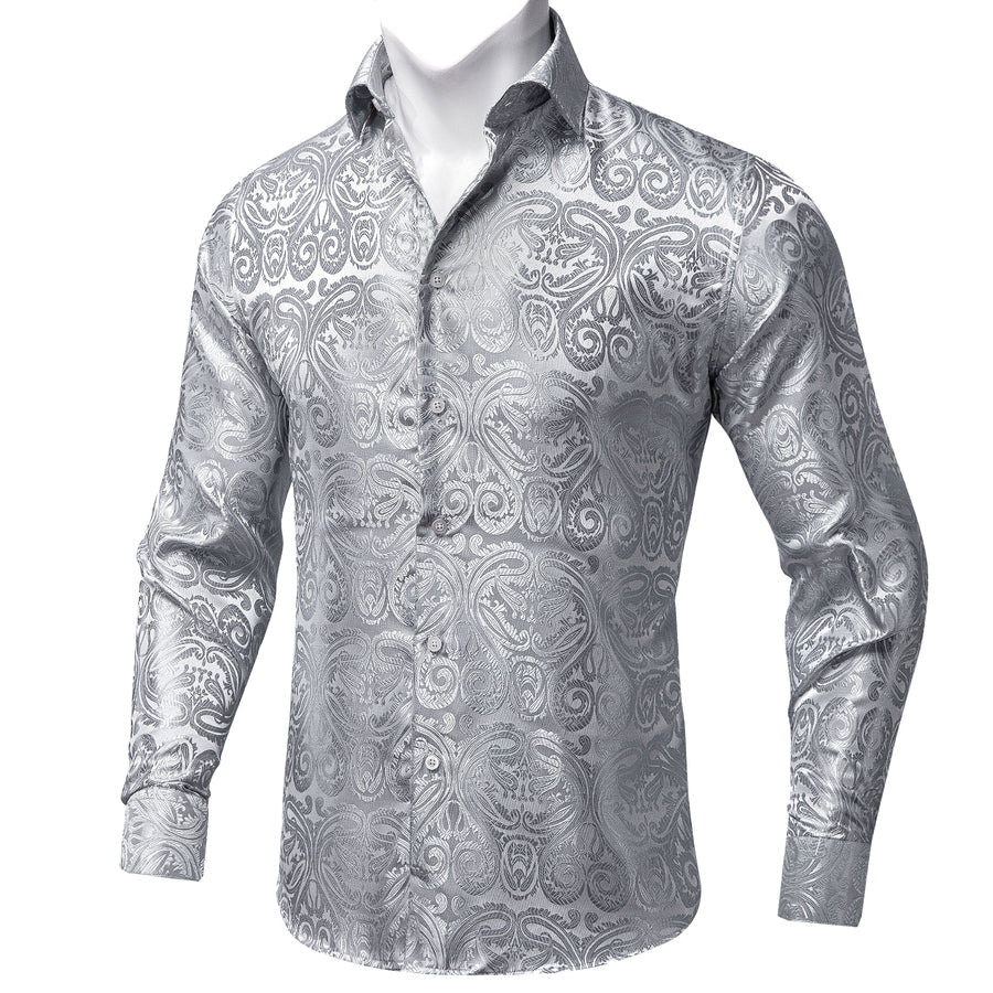 Silver White Floral Silk Dress Shirt shirt S - Sophisticated Gentlemen