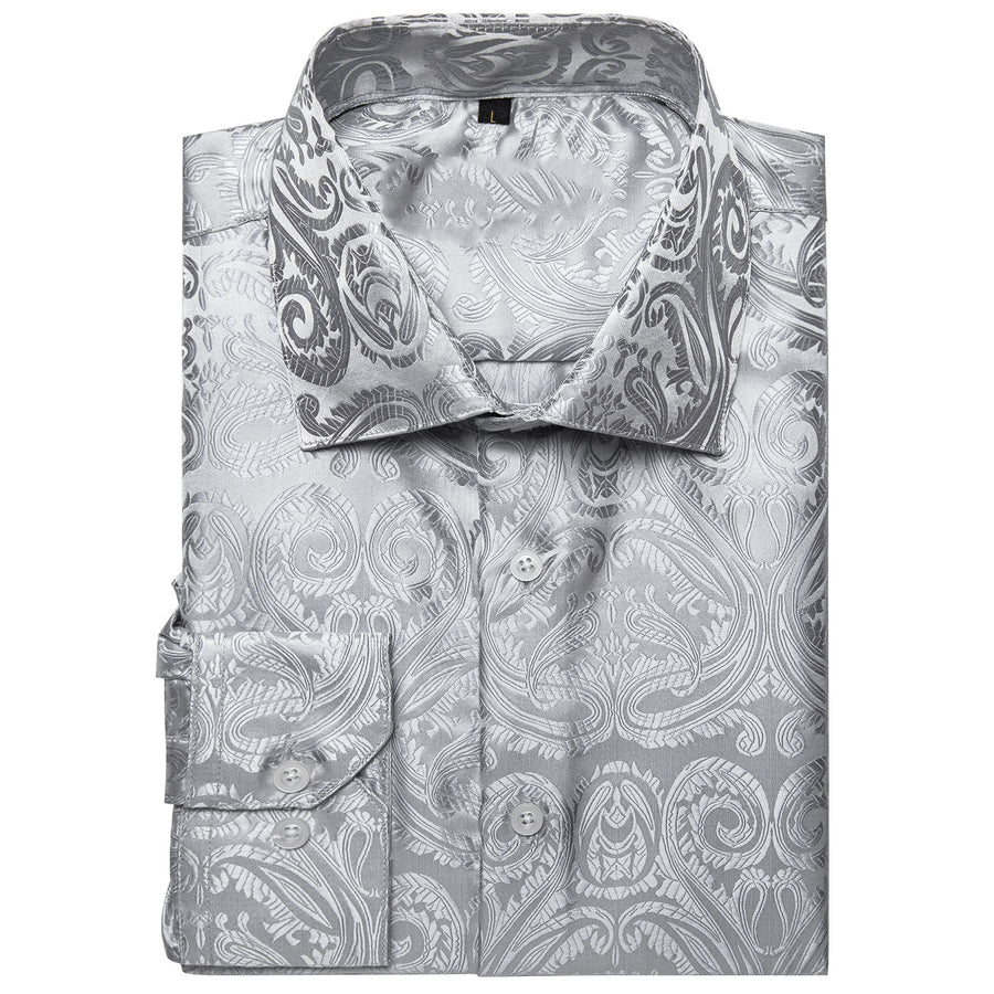 Silver White Floral Silk Dress Shirt shirt - Sophisticated Gentlemen