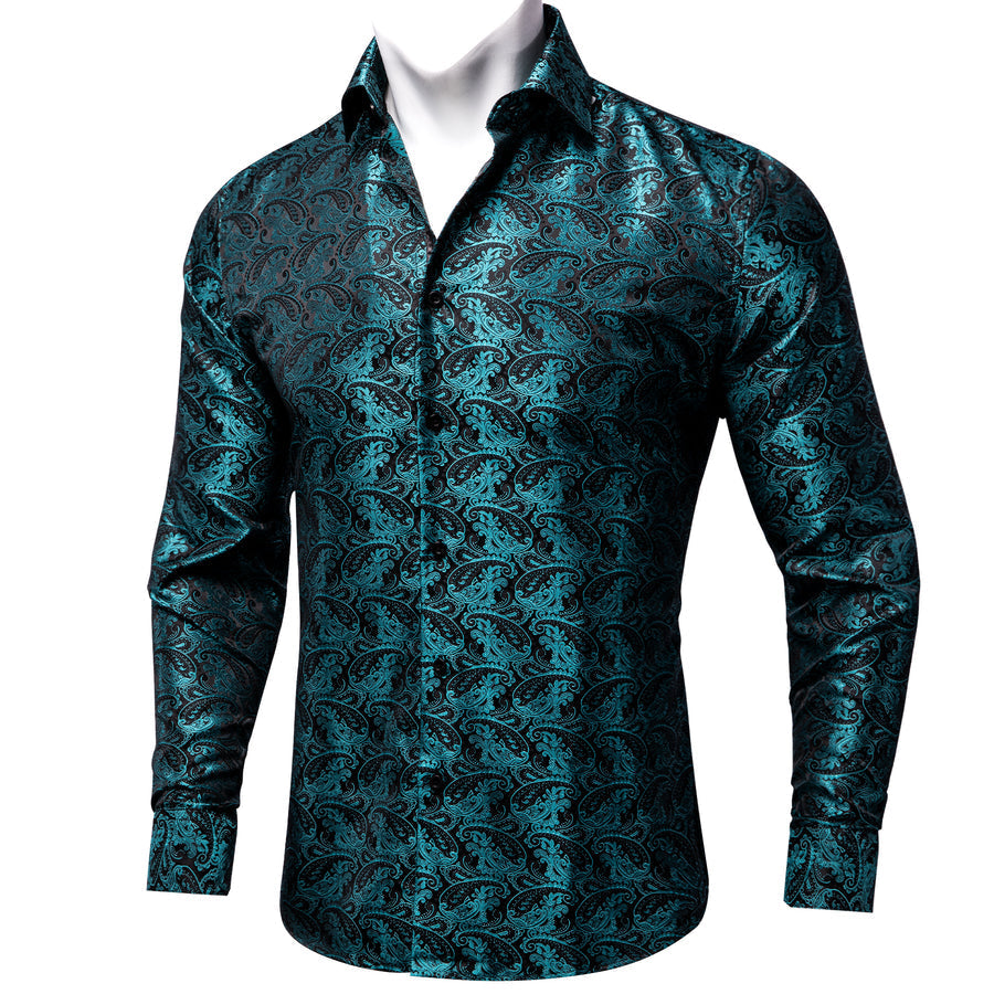 Black Teal Blue Paisley Silk Dress Shirt shirt S - Sophisticated Gentlemen