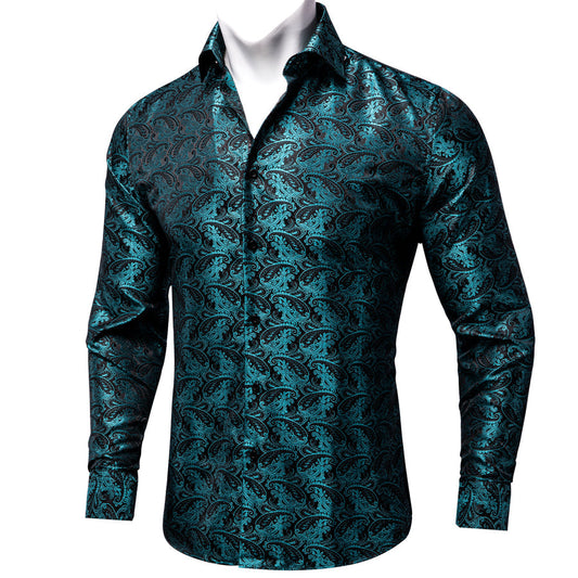 Black Teal Blue Paisley Silk Dress Shirt shirt S   - Sophisticated Gentlemen