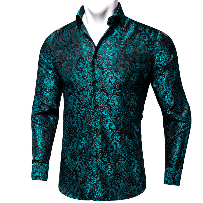 Black Teal Blue Floral Silk Dress Shirt shirt S - Sophisticated Gentlemen