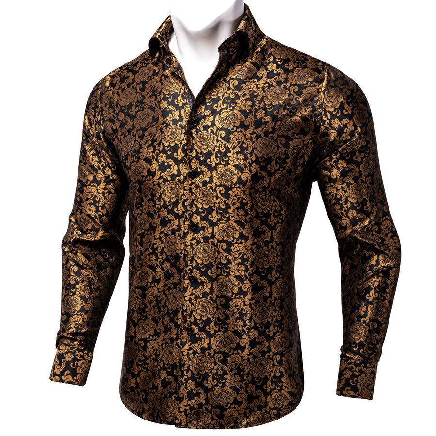 Golden Brown Floral Silk Dress Shirt shirt S - Sophisticated Gentlemen