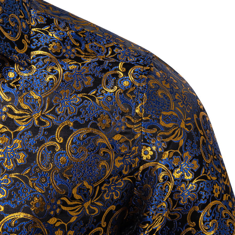 Blue Golden Floral Silk Dress Shirt shirt - Sophisticated Gentlemen