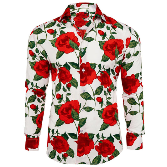 White Red-Rose Floral Dress Shirt shirt S   - Sophisticated Gentlemen