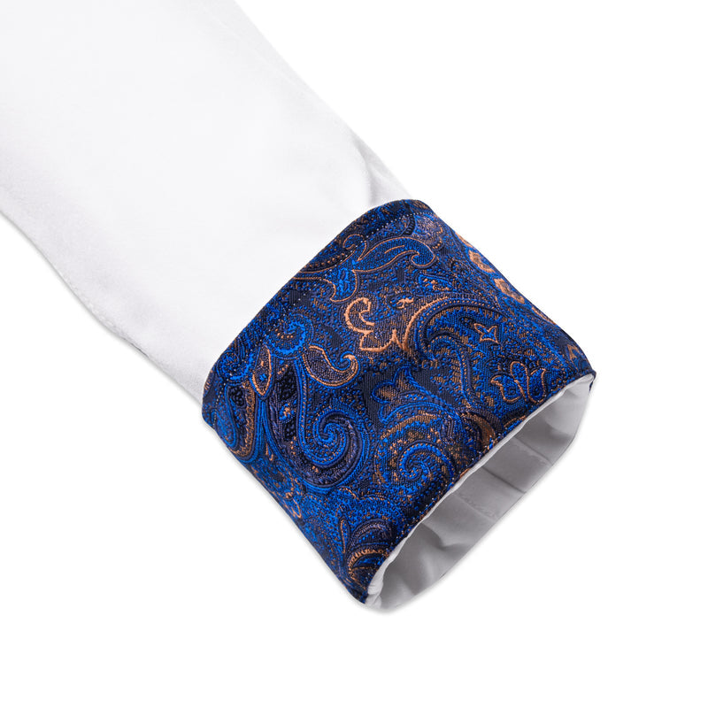 Pure White With Blue Paisley Edge Men's Solid Dress Shirt shirt - Sophisticated Gentlemen