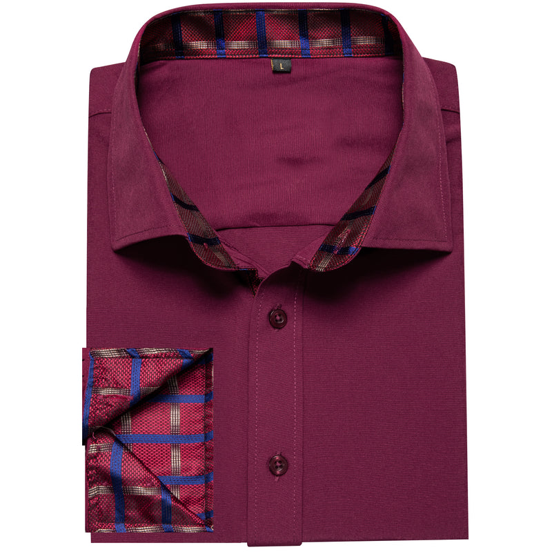 Burgundy Red With Red Plaid Edge Men's Solid Dress Shirt shirt - Sophisticated Gentlemen