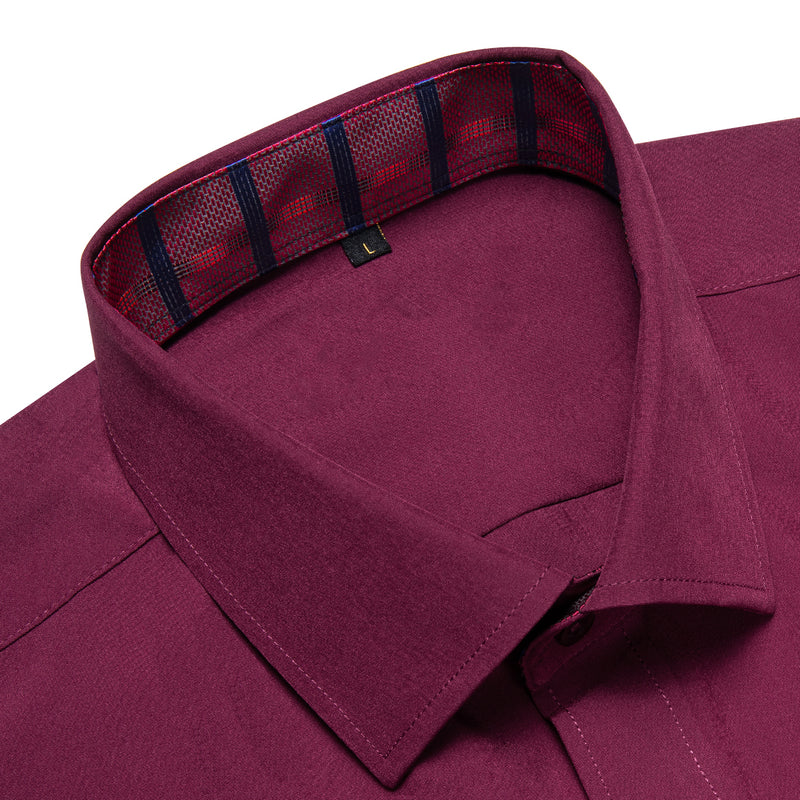 Burgundy Red With Red Plaid Edge Men's Solid Dress Shirt shirt - Sophisticated Gentlemen
