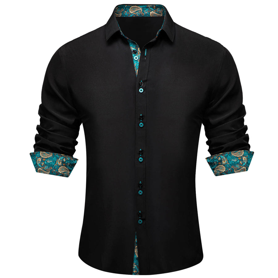 Black Solid Teal Paisley Splicing Silk Dress Shirt shirt S - Sophisticated Gentlemen