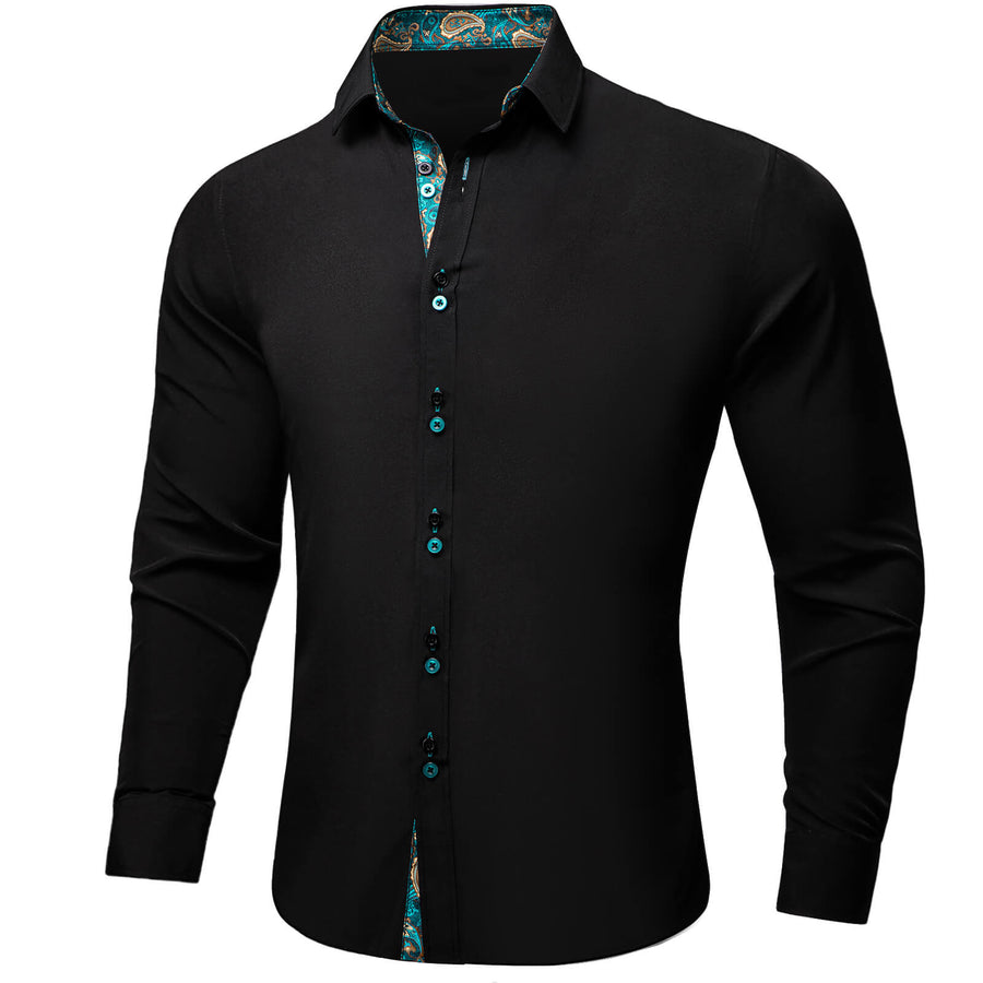 Black Solid Teal Paisley Splicing Silk Dress Shirt shirt - Sophisticated Gentlemen