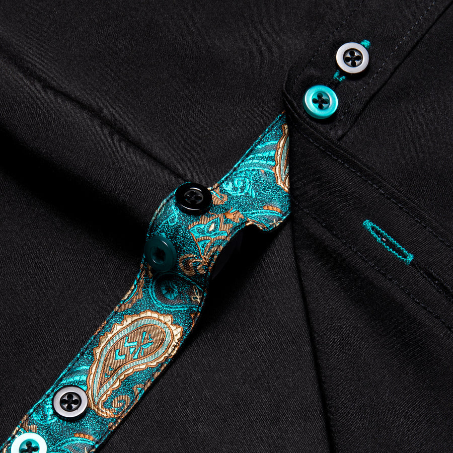 Black Solid Teal Paisley Splicing Silk Dress Shirt shirt - Sophisticated Gentlemen