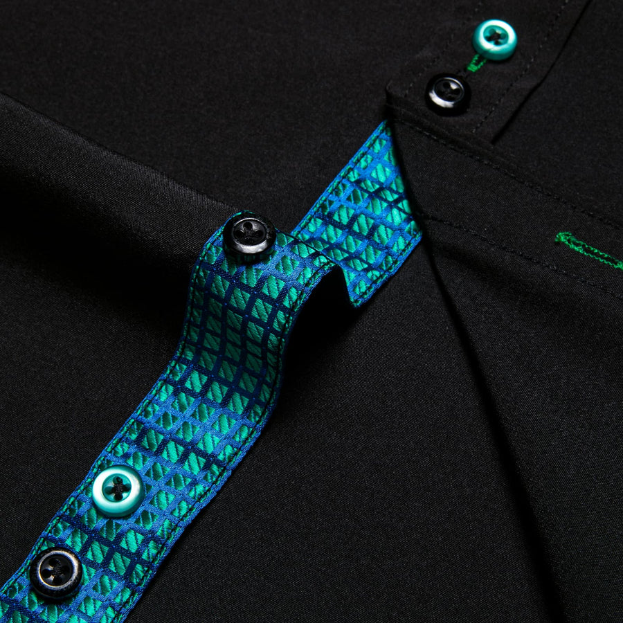 Black Green Solid Plaid Splicing Silk Dress Shirt shirt - Sophisticated Gentlemen
