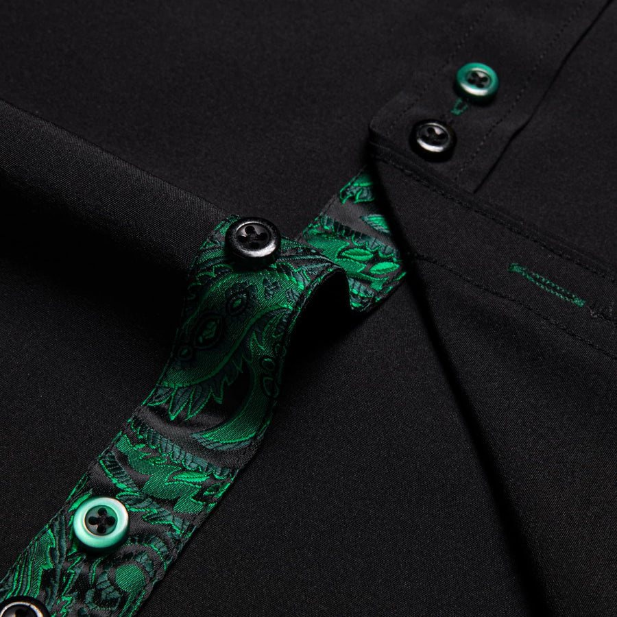 Black Green Solid Paisley Splicing Silk Dress Shirt shirt - Sophisticated Gentlemen