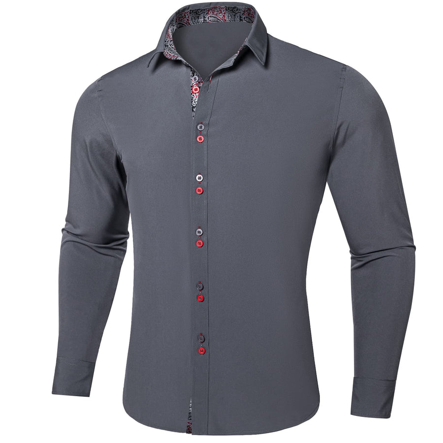 Smoke Gray Solid Splicing Silk Dress Shirt shirt - Sophisticated Gentlemen