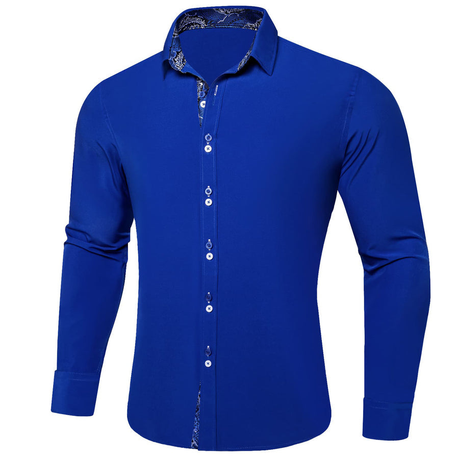 Admiral Blue Solid Splicing Silk Dress Shirt shirt - Sophisticated Gentlemen