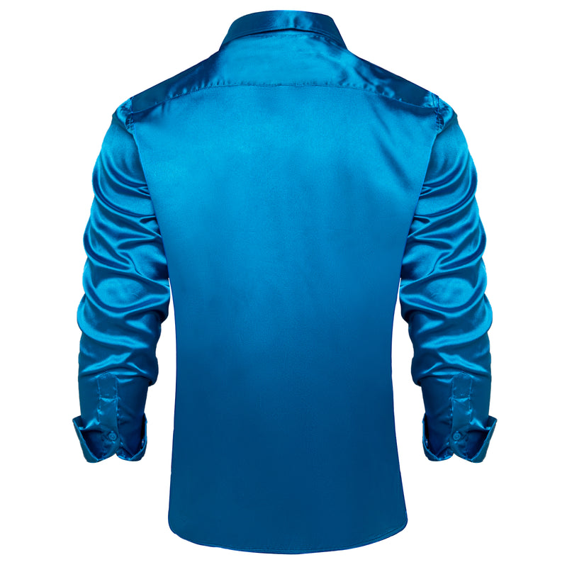 Blue Solid Satin Silk Dress Shirt shirt - Sophisticated Gentlemen