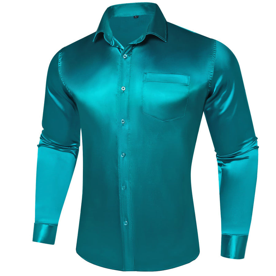 Dark Cyan Solid Satin Men's Silk Dress Shirt shirt - Sophisticated Gentlemen