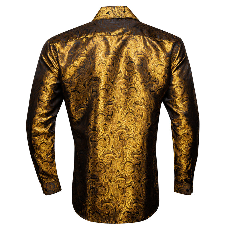 Brown Golden Paisley Pattern Silk Dress Shirt shirt - Sophisticated Gentlemen
