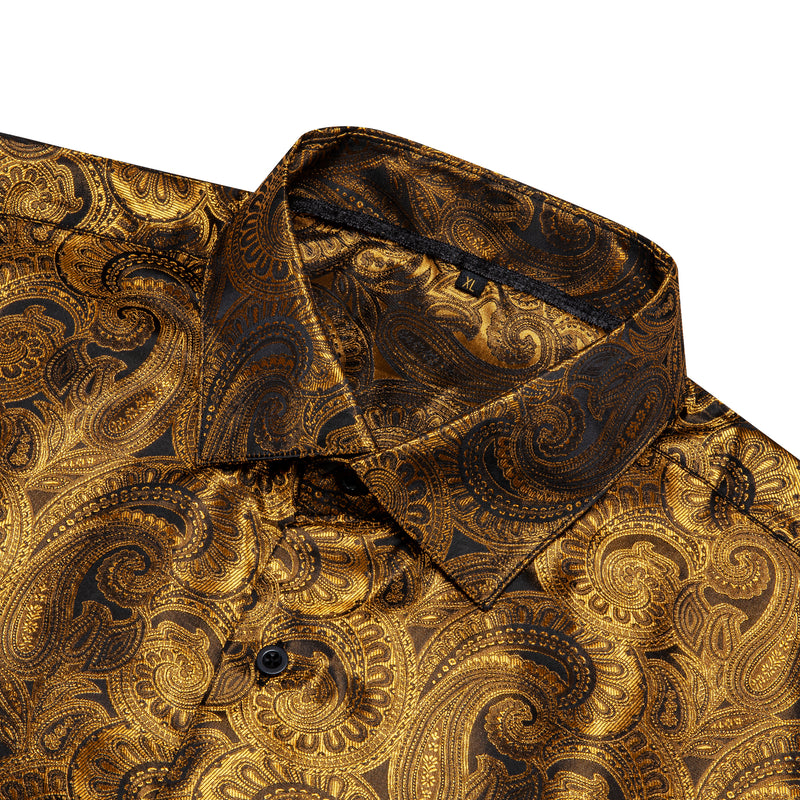 Brown Golden Paisley Pattern Silk Dress Shirt shirt - Sophisticated Gentlemen