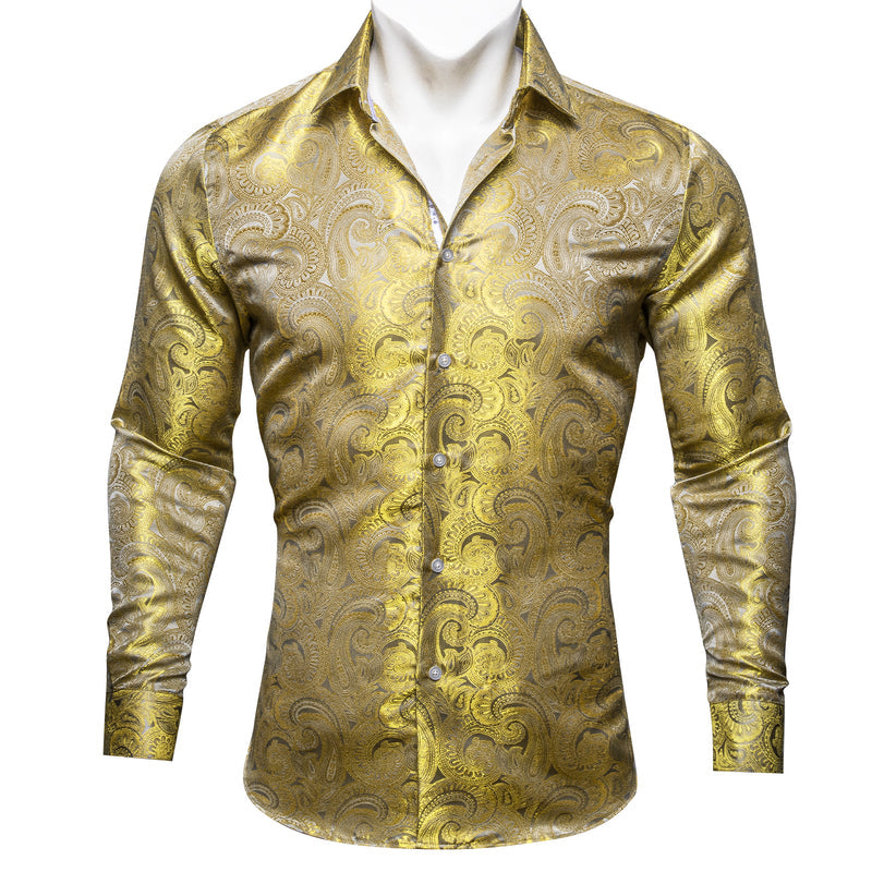 Yellow Paisley Pattern Silk Dress Shirt shirt S - Sophisticated Gentlemen