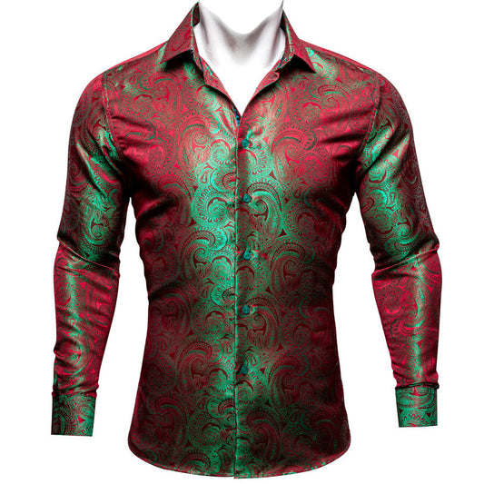 Green Red Gradient Paisley Silk Dress Shirt shirt S   - Sophisticated Gentlemen